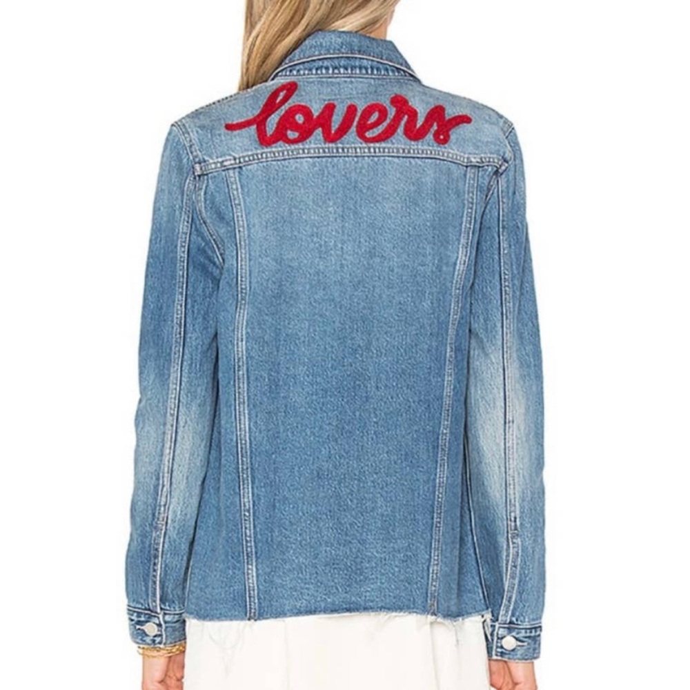 Lovers + Friends Denim JAMES Jean Jacket Distressed Raw edge Medium Embroidered